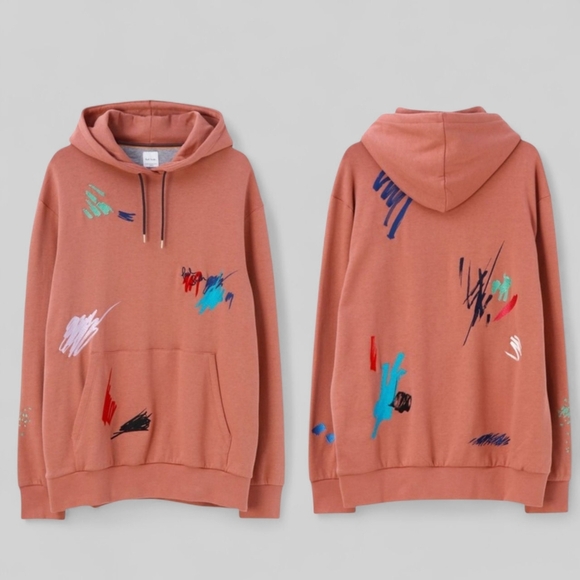 PAUL SMITH Embroidered Marker Pen Mens Pink Hoodie Ink Spill Organic Cotton L - Picture 5 of 16